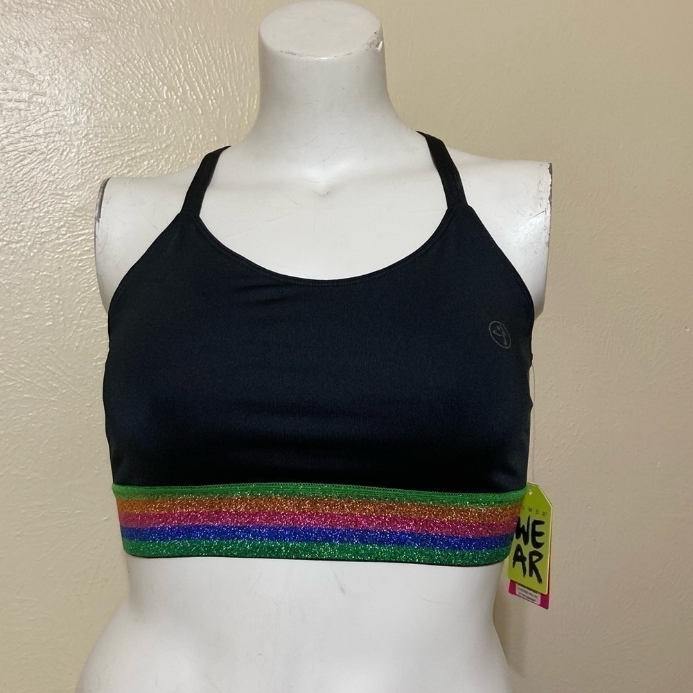 ZUMBA INSPIRE SCOOP BRA.  Glittery band X cross back NWT  Medium